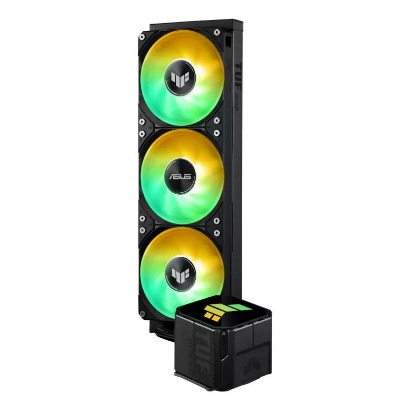 Vandens aušintuvas ASUS TUF GAMING LC III 360 ARGB — 120 mm ventiliatoriai, palaiko AM4/LGA1200/LGA1700/AM5, Juoda