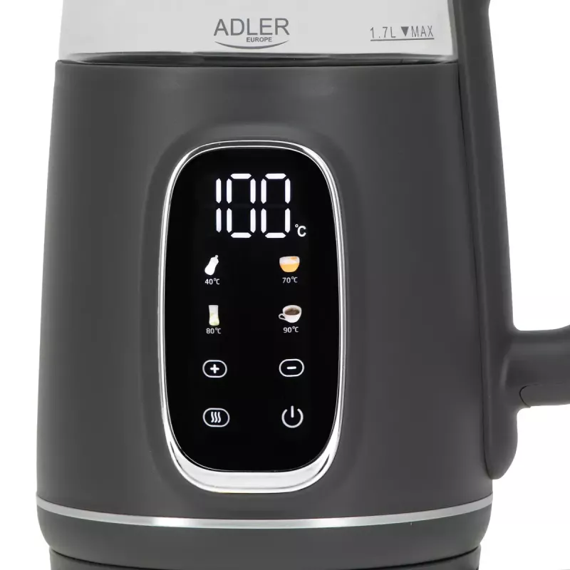 Elektrinis virdulys Adler AD 1305 G — 1,7 L, 2200 W, reguliuojamas termostatas, LED ekranas, pilka spalva
