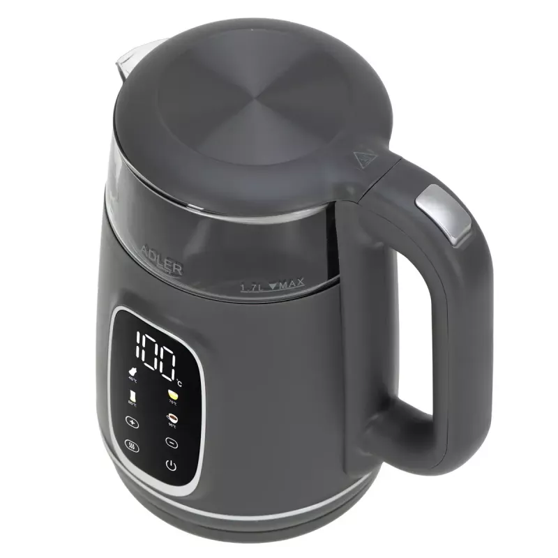 Elektrinis virdulys Adler AD 1305 G — 1,7 L, 2200 W, reguliuojamas termostatas, LED ekranas, pilka spalva