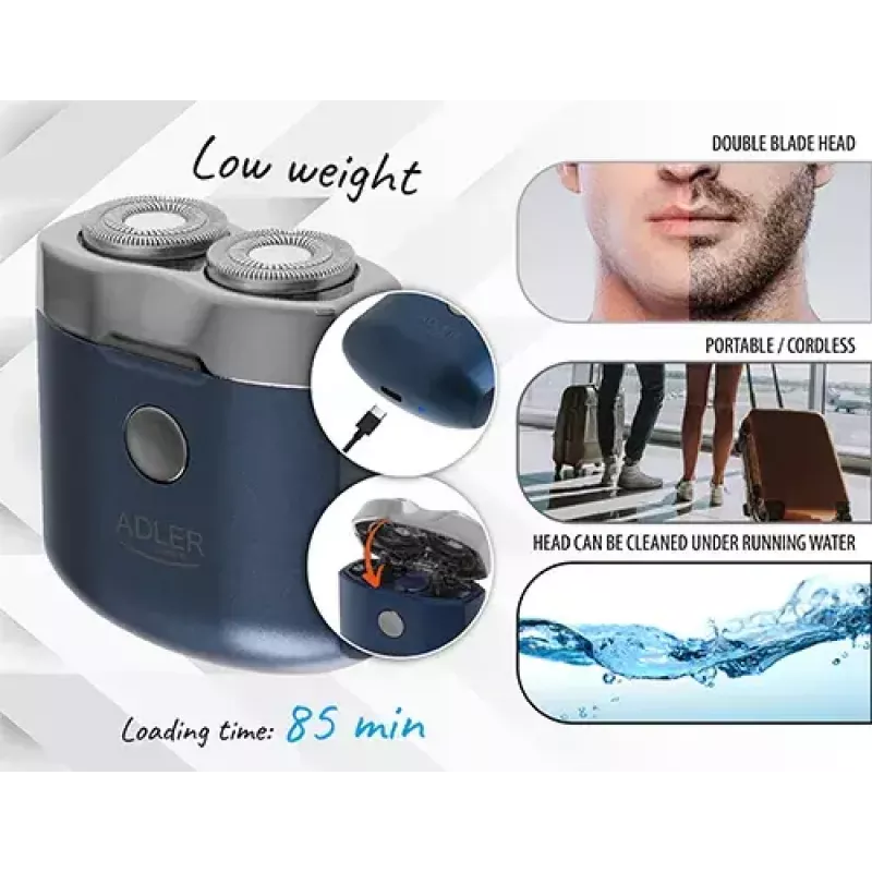 Rotacinis skustuvas Adler AD 2937, 2 besisukančios galvutės, įkraunamas Li-Ion 250 mAh, plaunamas, belaidis, mėlynas