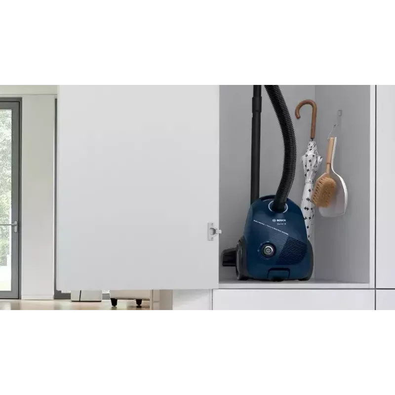 Cikloninis dulkių siurblys Bosch Serie 2 BGBS2BU1T — 850 W, 3,5 L maišas, 8 m spindulys, mėlynas