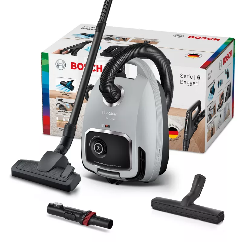 Cilindrinis dulkių siurblys Bosch Serie 6 BGB6X330 — 600 W, HEPA 13, 4 L dulkių maišas, kietoms grindims ir kilimams, 6 kg, pilkas/juodas