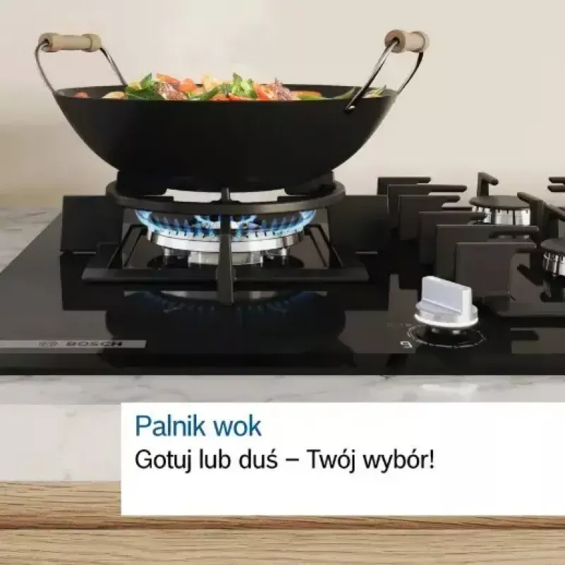 Įmontuojama dujinė kaitlentė Bosch PCH6A5I90 – 60 cm, nerūdijantis plienas, 4 dujinės zonos + 1 wok, Flame Select, ketaus grotelės