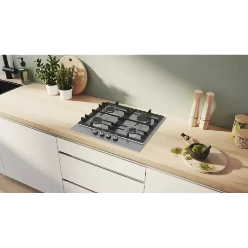 Įmontuojama dujinė kaitlentė Bosch PCH6A5I90 – 60 cm, nerūdijantis plienas, 4 dujinės zonos + 1 wok, Flame Select, ketaus grotelės