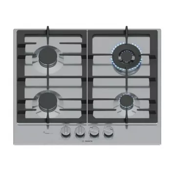 Įmontuojama dujinė kaitlentė Bosch PCH6A5I90 – 60 cm, nerūdijantis plienas, 4 dujinės zonos + 1 wok, Flame Select, ketaus grotelės