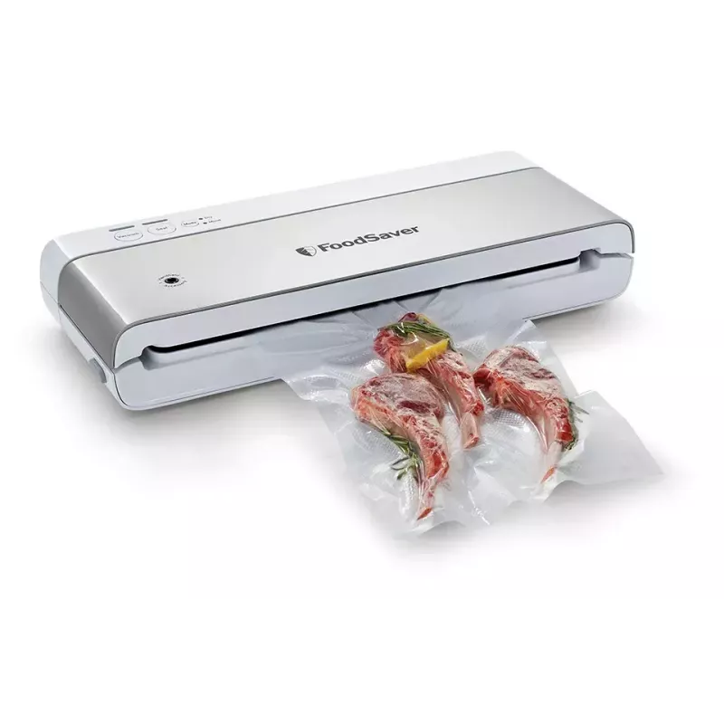 Vakuuminis pakuotuvas FoodSaver VS0100X – sukamasis valdymas, komplekte ritinys ir 4 maišeliai, sidabriškai baltas