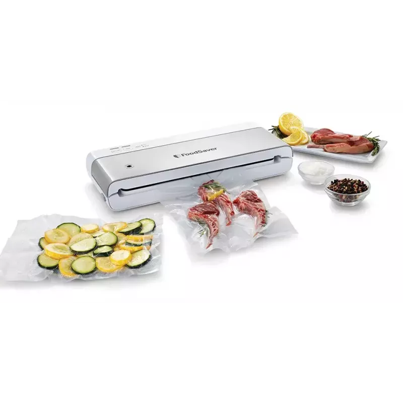 Vakuuminis pakuotuvas FoodSaver VS0100X – sukamasis valdymas, komplekte ritinys ir 4 maišeliai, sidabriškai baltas