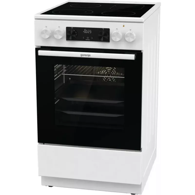 Laisvai pastatoma viryklė Gorenje GECS5C70WA, elektrinė kaitlentė su spiralėmis, 4 zonos, balta, orkaitė 70 l, sukamosios rankenėlės, LED ekranas