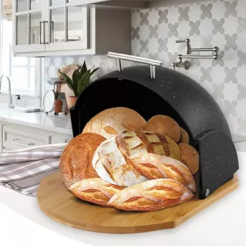 Duonos dėžė Maestro MR-1678G-BLACK – ovali talpa su bambukiniu dangčiu, 350×200×250 mm