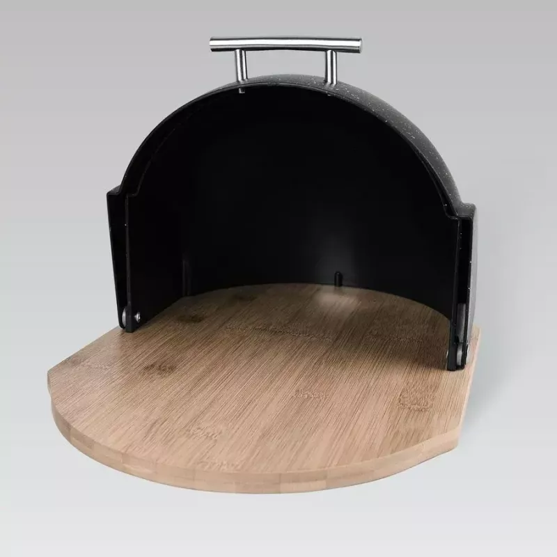 Duonos dėžė Maestro MR-1678G-BLACK – ovali talpa su bambukiniu dangčiu, 350×200×250 mm