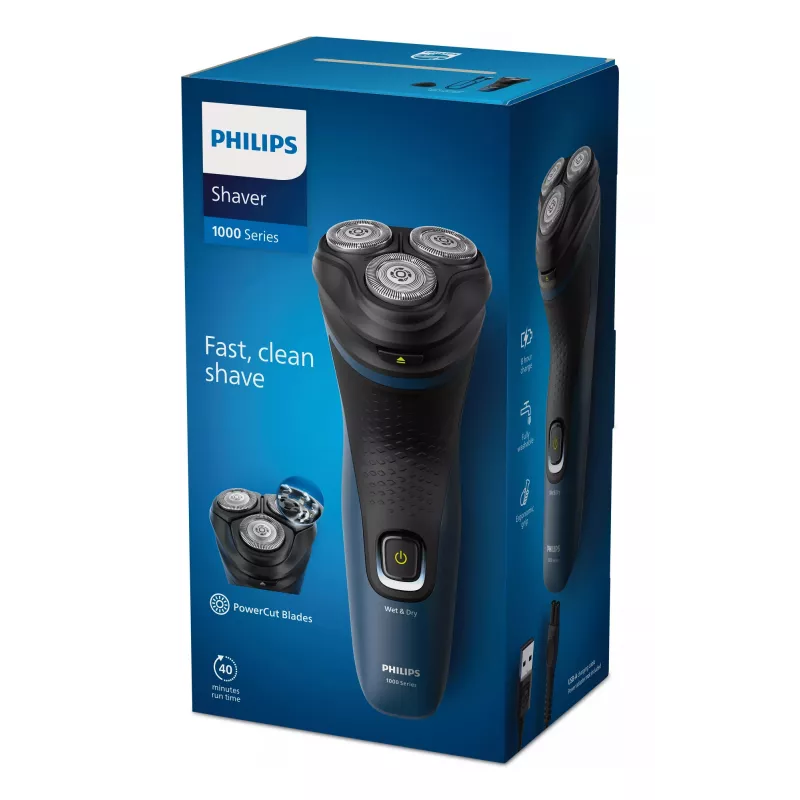 Elektrinis skustuvas vyrams Philips S1151/00 sukamaisiais 3 galvutėmis, NiMH baterija, šlapias ir sausas naudojimas, 40 min veikimo, juodas/mėlynas