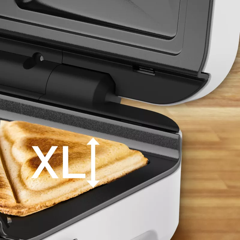 Sumuštinių keptuvė Tefal SW7011 — 850 W, nerūdijantis plienas ir balta, kompaktiška 238×276×98 mm