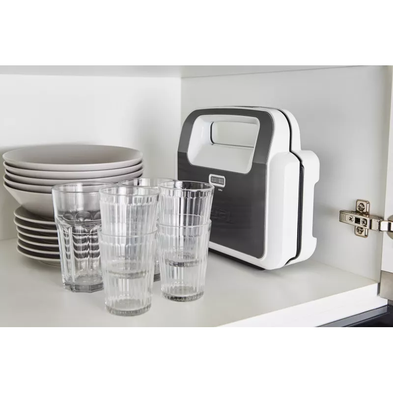 Sumuštinių keptuvė Tefal SW7011 — 850 W, nerūdijantis plienas ir balta, kompaktiška 238×276×98 mm