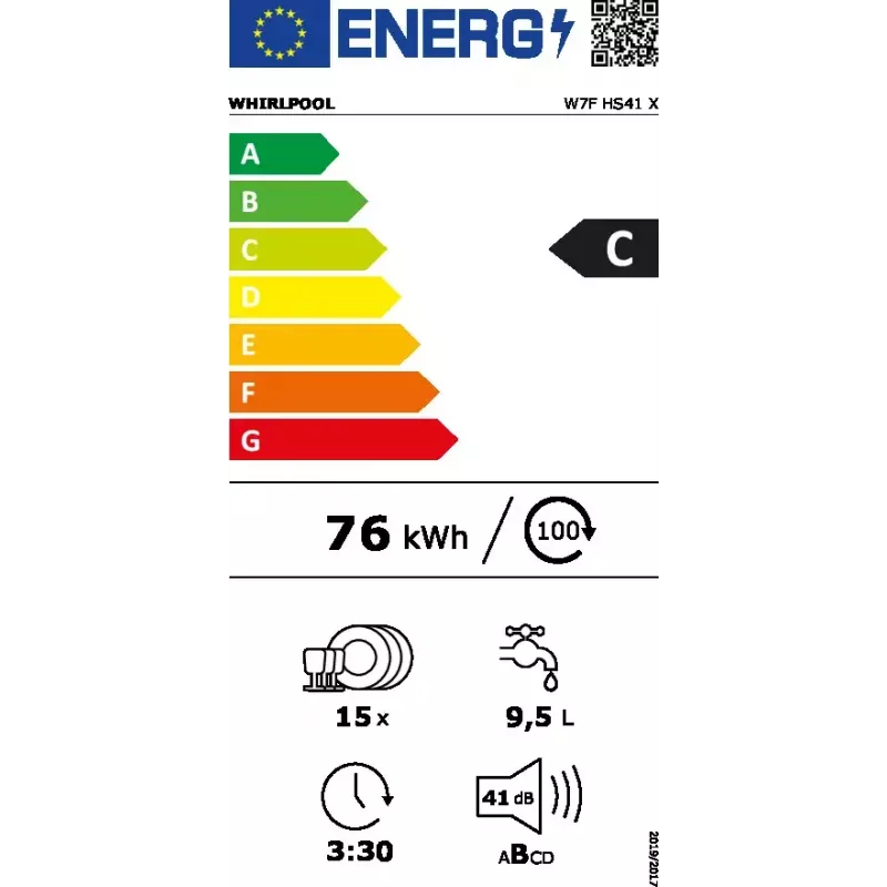 Laisvai pastatoma indaplovė WHIRLPOOL W7F HS41 X — 15 komplektų, 41 dB, pilnas dydis 60 cm
