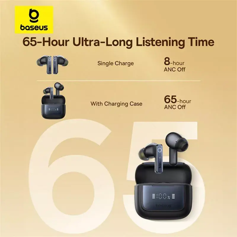 Belaidės ausinės „Baseus 35 True“ – triukšmo slopinimas, Bluetooth 5.3, 65 h veikimo laikas, juodos spalvos