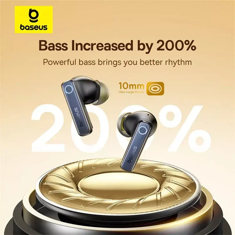 Belaidės ausinės „Baseus 35 True“ – triukšmo slopinimas, Bluetooth 5.3, 65 h veikimo laikas, juodos spalvos