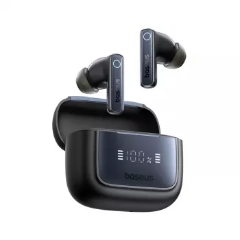 Belaidės ausinės „Baseus 35 True“ – triukšmo slopinimas, Bluetooth 5.3, 65 h veikimo laikas, juodos spalvos
