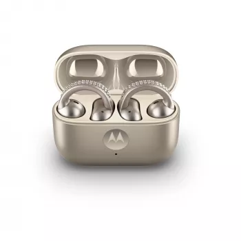 Ausinės Motorola Moto Buds Loop Bluetooth uždedamos ant ausies, dvipusės, Dolby Atmos, Bluetooth 5.0, ANC, 8 h atkūrimo, įkrovimo dėklas 520 mAh, smėlio spalvos