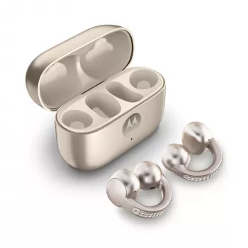 Ausinės Motorola Moto Buds Loop Bluetooth uždedamos ant ausies, dvipusės, Dolby Atmos, Bluetooth 5.0, ANC, 8 h atkūrimo, įkrovimo dėklas 520 mAh, smėlio spalvos
