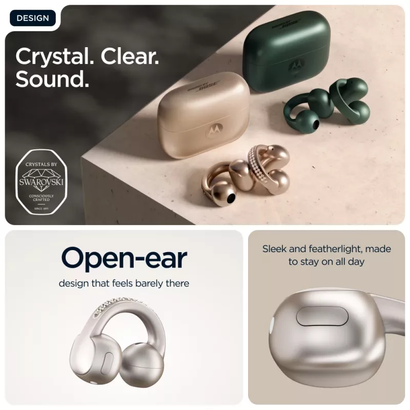 Ausinės Motorola Moto Buds Loop Bluetooth uždedamos ant ausies, dvipusės, Dolby Atmos, Bluetooth 5.0, ANC, 8 h atkūrimo, įkrovimo dėklas 520 mAh, smėlio spalvos