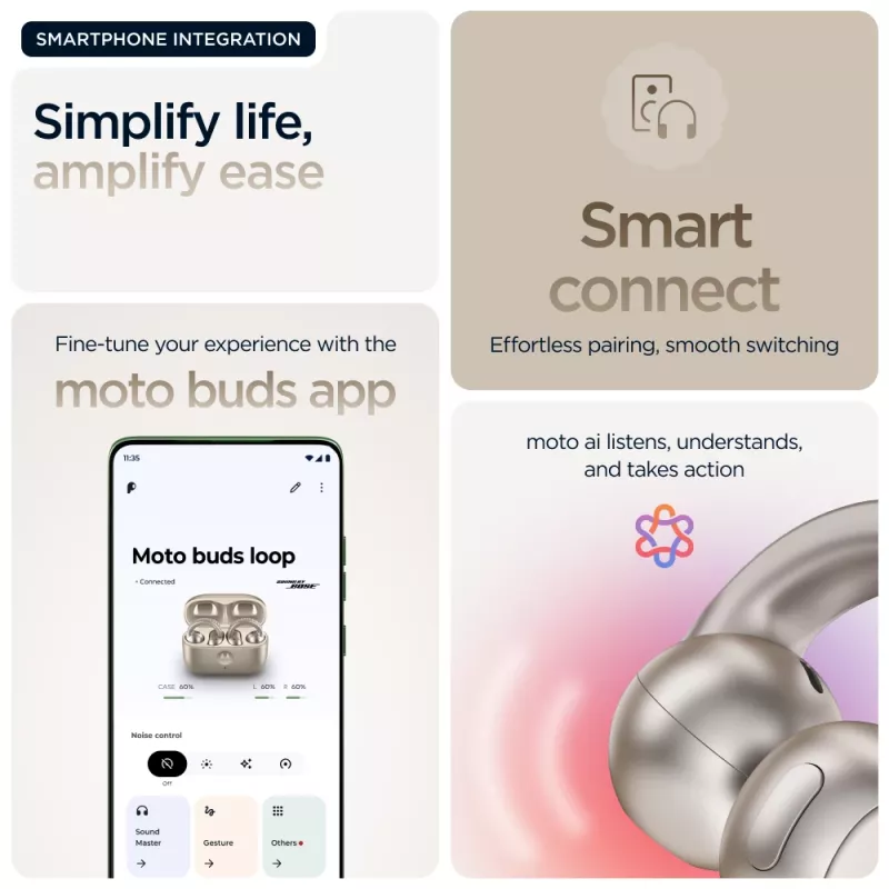 Ausinės Motorola Moto Buds Loop Bluetooth uždedamos ant ausies, dvipusės, Dolby Atmos, Bluetooth 5.0, ANC, 8 h atkūrimo, įkrovimo dėklas 520 mAh, smėlio spalvos