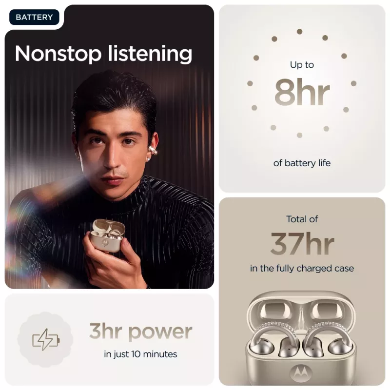 Ausinės Motorola Moto Buds Loop Bluetooth uždedamos ant ausies, dvipusės, Dolby Atmos, Bluetooth 5.0, ANC, 8 h atkūrimo, įkrovimo dėklas 520 mAh, smėlio spalvos
