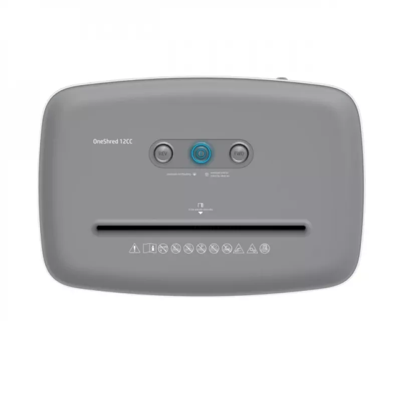 Popieriaus smulkintuvas HP OneShred 12CC, dalelių pjovimas, P-4, 12 lapų talpa, 22 cm plotis, 23 L krepšelis, 4×35 mm, 65 dB, baltas