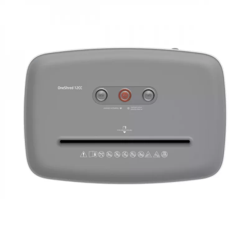Popieriaus smulkintuvas HP OneShred 12CC, dalelių pjovimas, P-4, 12 lapų talpa, 22 cm plotis, 23 L krepšelis, 4×35 mm, 65 dB, baltas