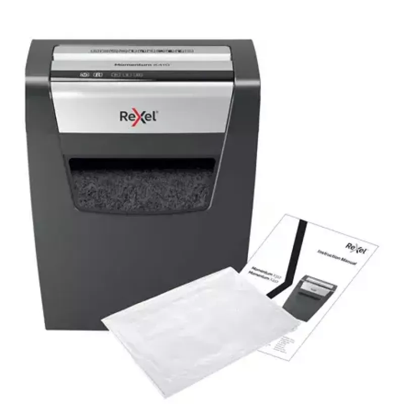 Popieriaus smulkintuvas REXEL Momentum X410 – dalelių pjovimas P-4, 4 x 28 mm, 10 lapų talpa, 23 L krepšelis, antistreikinis
