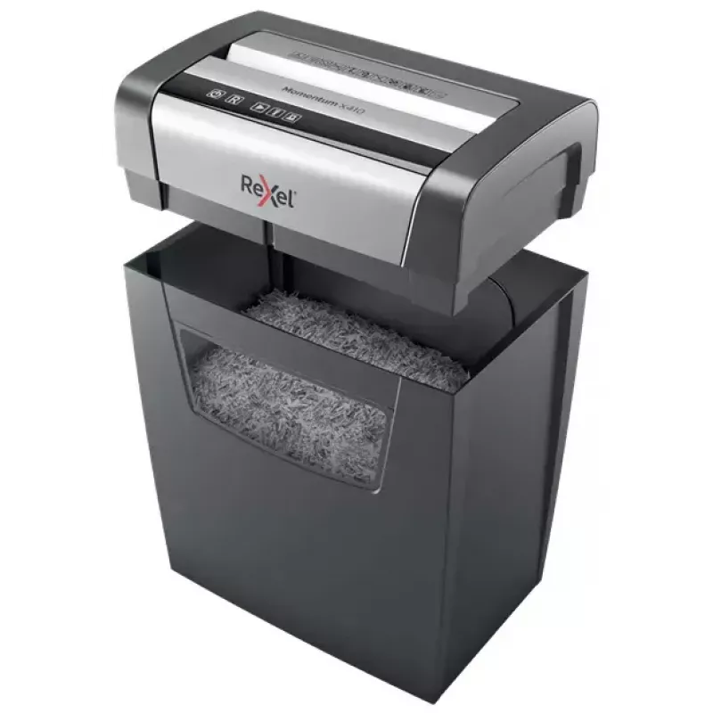 Popieriaus smulkintuvas REXEL Momentum X410 – dalelių pjovimas P-4, 4 x 28 mm, 10 lapų talpa, 23 L krepšelis, antistreikinis