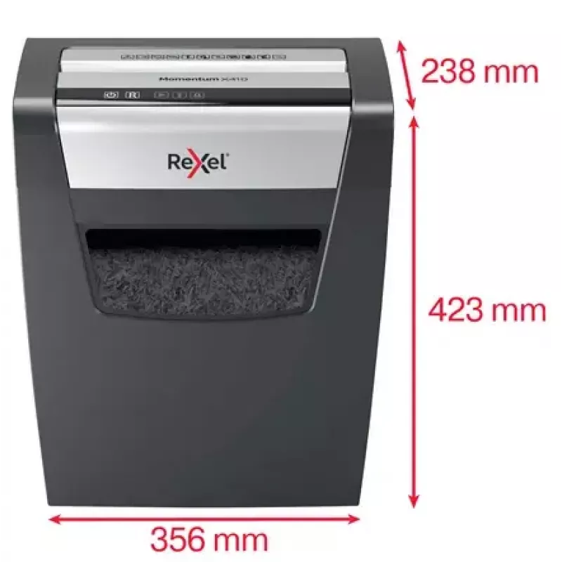 Popieriaus smulkintuvas REXEL Momentum X410 – dalelių pjovimas P-4, 4 x 28 mm, 10 lapų talpa, 23 L krepšelis, antistreikinis