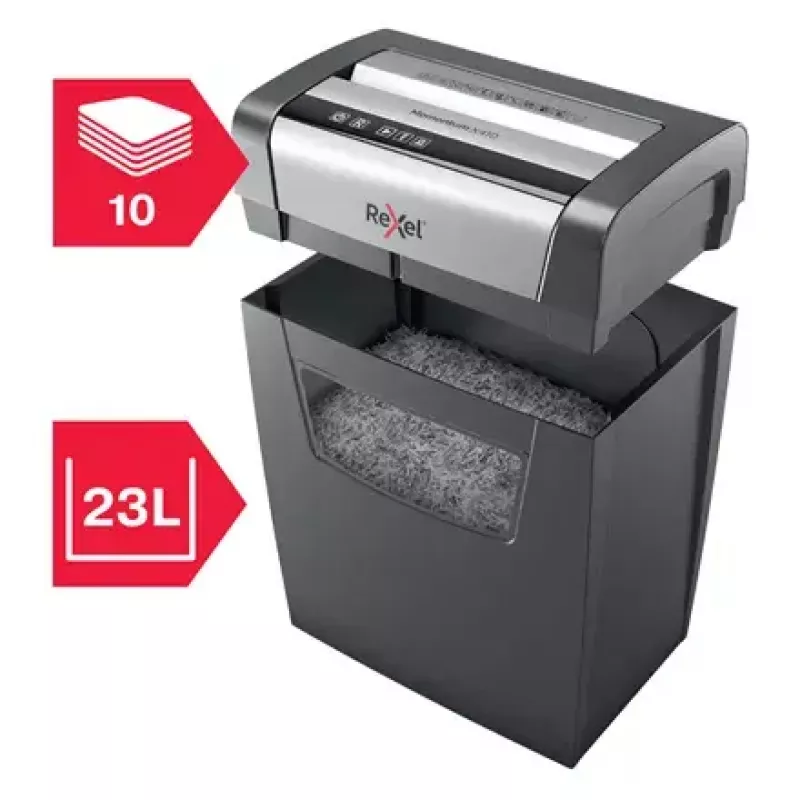 Popieriaus smulkintuvas REXEL Momentum X410 – dalelių pjovimas P-4, 4 x 28 mm, 10 lapų talpa, 23 L krepšelis, antistreikinis