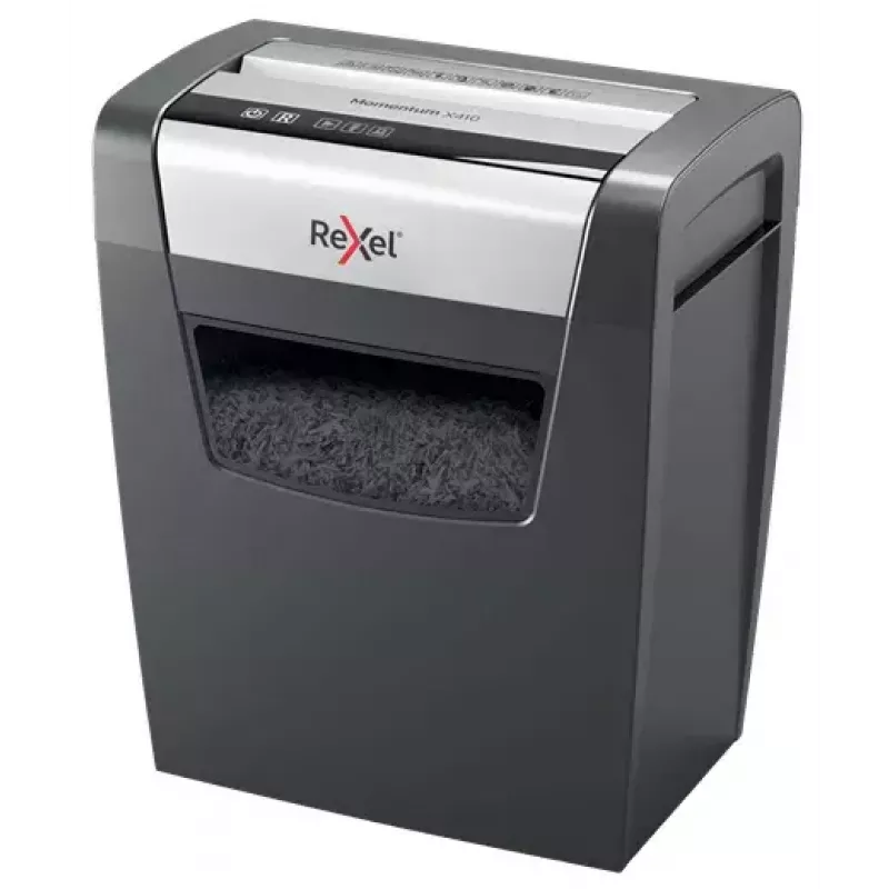 Popieriaus smulkintuvas REXEL Momentum X410 – dalelių pjovimas P-4, 4 x 28 mm, 10 lapų talpa, 23 L krepšelis, antistreikinis