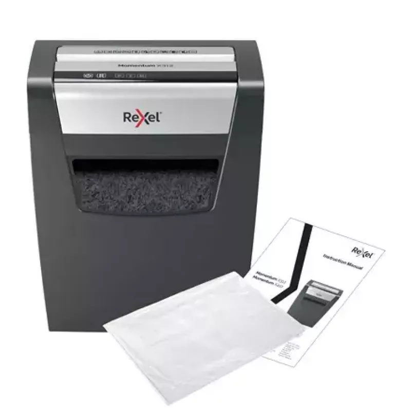 Popieriaus smulkintuvas REXEL Momentum X312 — dalelių pjovimas P-3, 12 lapų talpa, 23 L krepšys, 5 x 42 mm