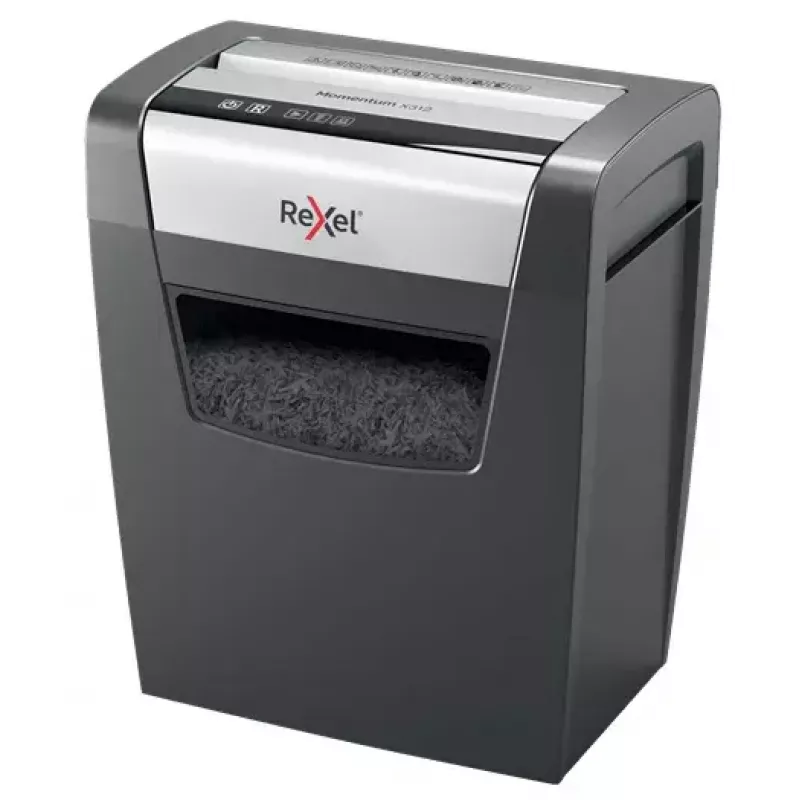 Popieriaus smulkintuvas REXEL Momentum X312 — dalelių pjovimas P-3, 12 lapų talpa, 23 L krepšys, 5 x 42 mm
