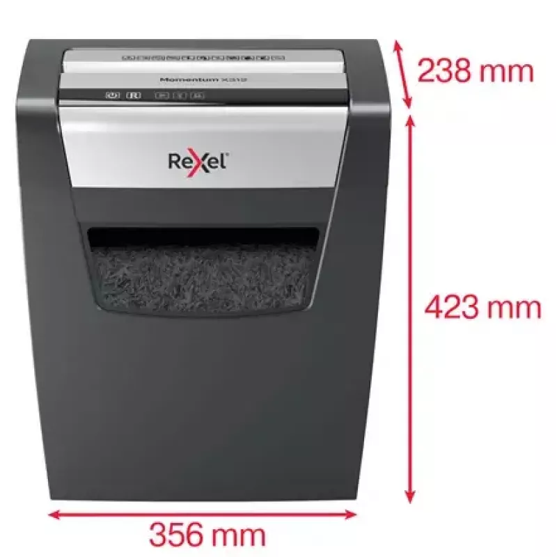 Popieriaus smulkintuvas REXEL Momentum X312 — dalelių pjovimas P-3, 12 lapų talpa, 23 L krepšys, 5 x 42 mm
