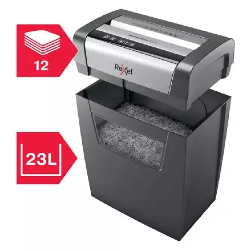 Popieriaus smulkintuvas REXEL Momentum X312 — dalelių pjovimas P-3, 12 lapų talpa, 23 L krepšys, 5 x 42 mm