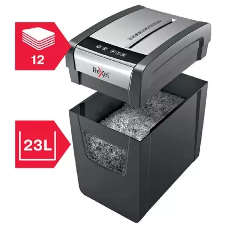 Smulkintuvas REXEL Momentum X312-SL — dalelių pjovimas 5 x 42 mm, 12 lapų talpa, 23 L krepšelis, mygtukų valdymas