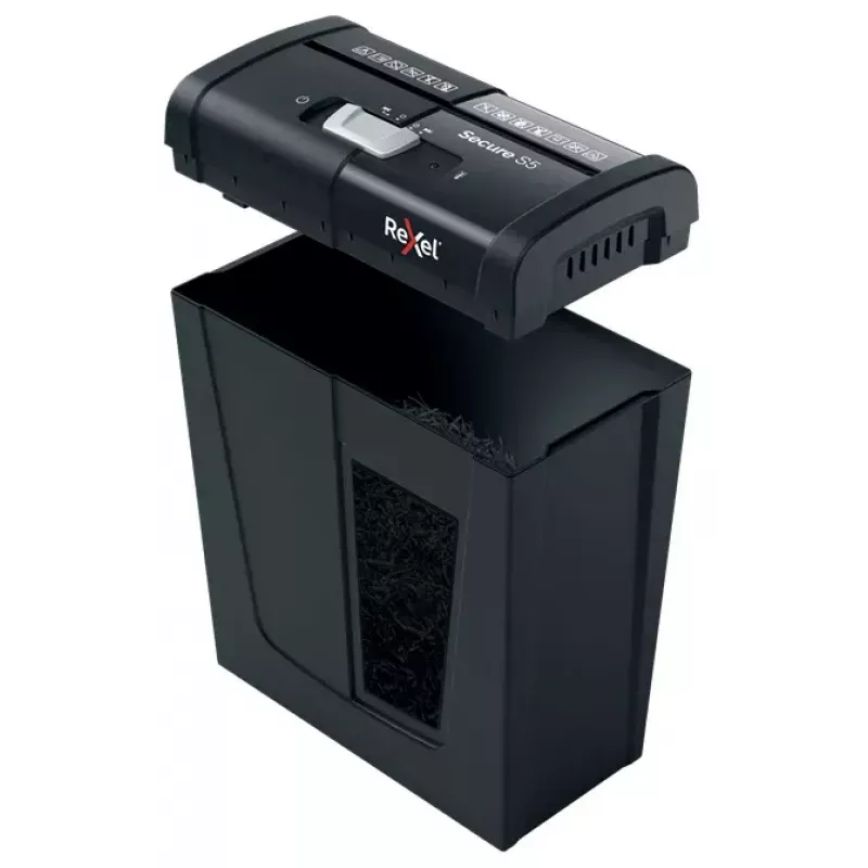 Popieriaus smulkintuvas REXEL Secure S5 — juostinis smulkintuvas, 5 lapų talpa, 6 mm pjūvis, 10 L krepšelis, P-2 saugumas, juodas