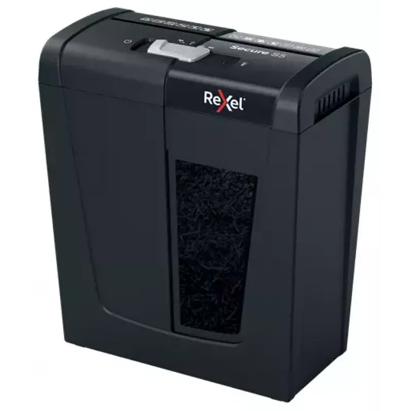 Popieriaus smulkintuvas REXEL Secure S5 — juostinis smulkintuvas, 5 lapų talpa, 6 mm pjūvis, 10 L krepšelis, P-2 saugumas, juodas