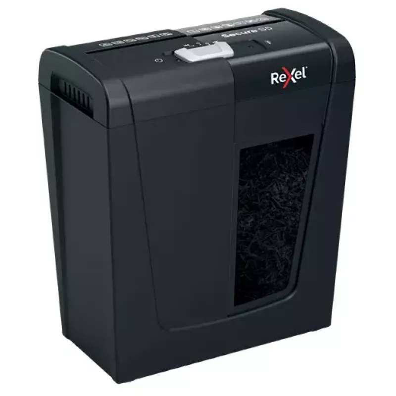 Popieriaus smulkintuvas REXEL Secure S5 — juostinis smulkintuvas, 5 lapų talpa, 6 mm pjūvis, 10 L krepšelis, P-2 saugumas, juodas