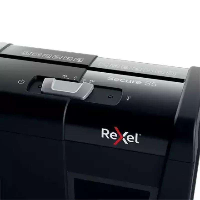 Popieriaus smulkintuvas REXEL Secure S5 — juostinis smulkintuvas, 5 lapų talpa, 6 mm pjūvis, 10 L krepšelis, P-2 saugumas, juodas