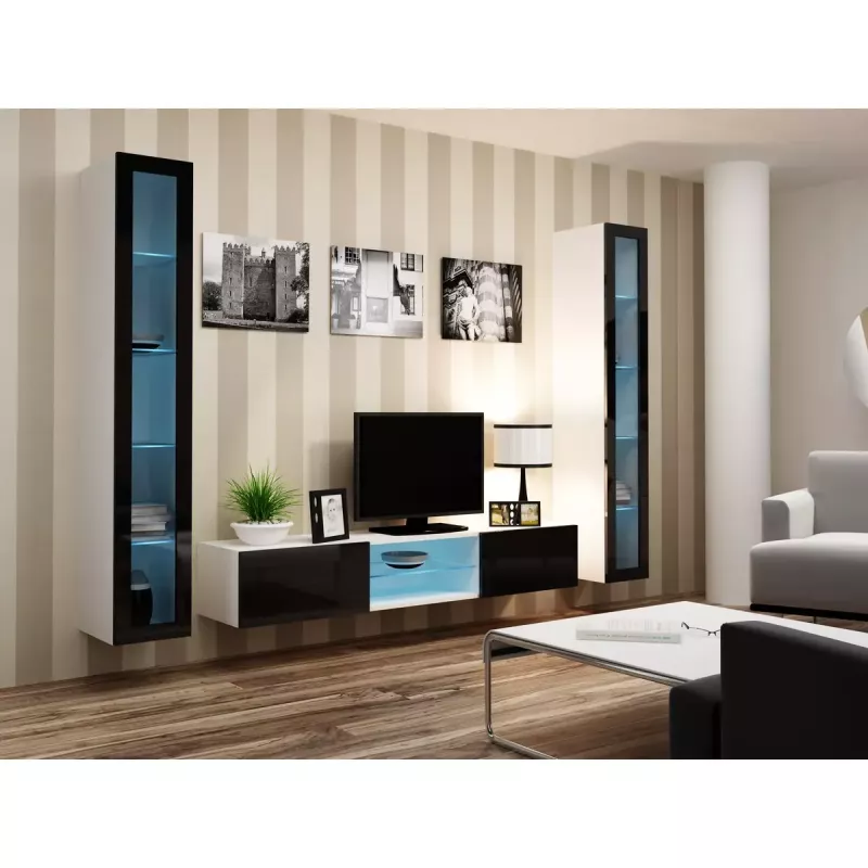 Sieninė vitrina cama meble VIGO 180 1800×400×300 mm balta/juoda blizganti
