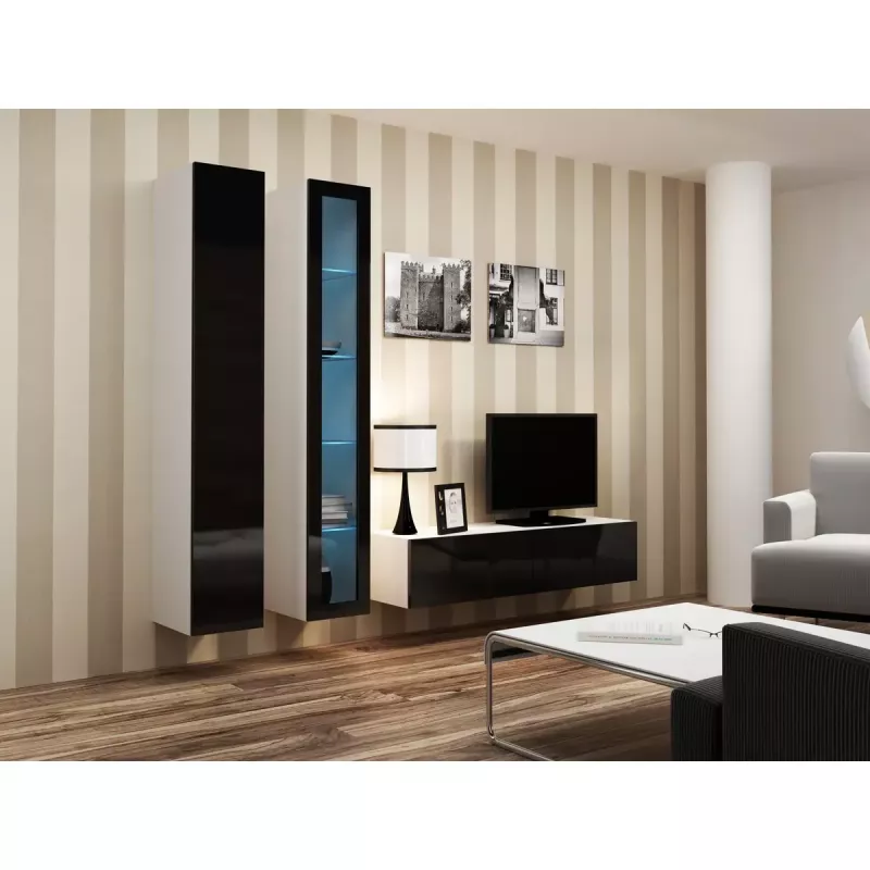 Sieninė vitrina cama meble VIGO 180 1800×400×300 mm balta/juoda blizganti