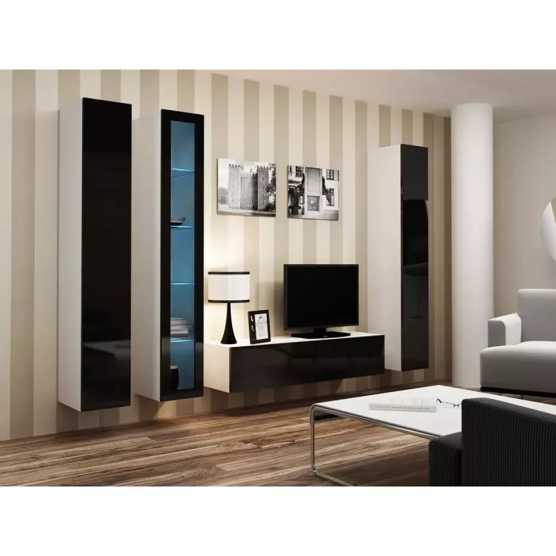 Sieninė vitrina cama meble VIGO 180 1800×400×300 mm balta/juoda blizganti