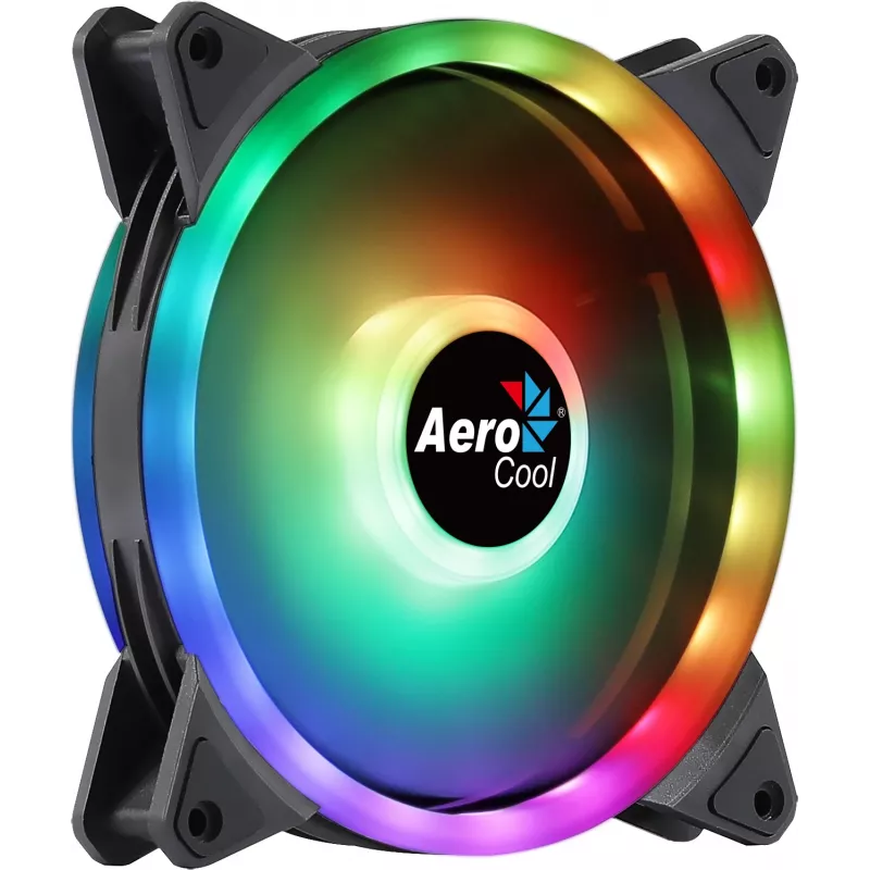 Aerocool DUO14 14 cm kompiuterio ventiliatorius ARGB LED dvigubas žiedas, antivibracinis, 6 kontaktų, juodas