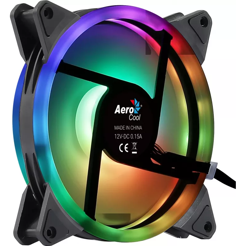 Aerocool DUO14 14 cm kompiuterio ventiliatorius ARGB LED dvigubas žiedas, antivibracinis, 6 kontaktų, juodas