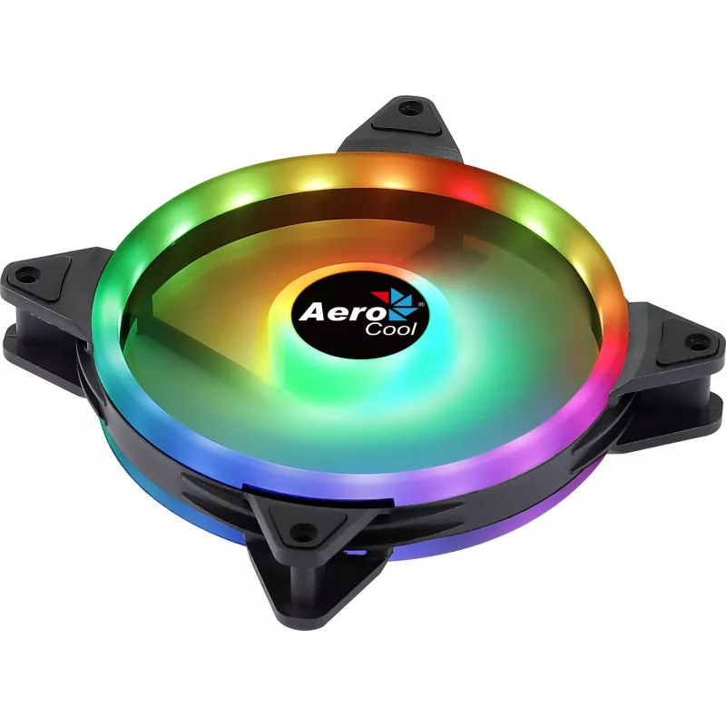 Aerocool DUO14 14 cm kompiuterio ventiliatorius ARGB LED dvigubas žiedas, antivibracinis, 6 kontaktų, juodas