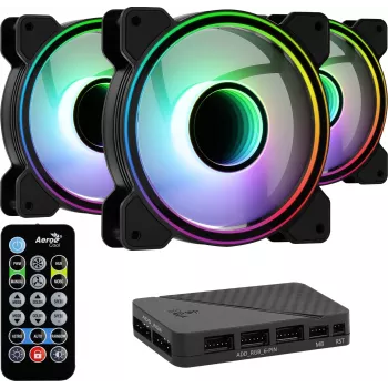 Ventiliatorių rinkinys Aerocool MIRAGE12PRO 3 vnt. 12 cm ARGB 6 kontaktų su Hub'u tylus juodas