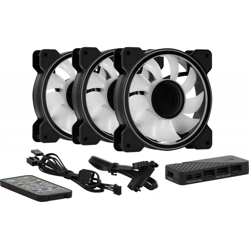 Ventiliatorių rinkinys Aerocool MIRAGE12PRO 3 vnt. 12 cm ARGB 6 kontaktų su Hub'u tylus juodas